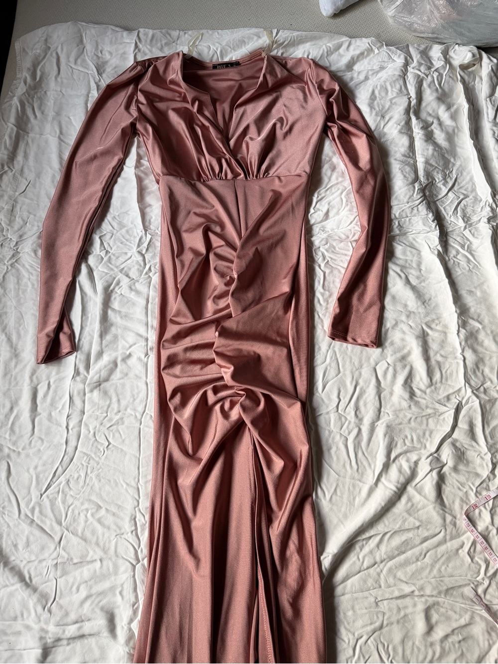 Long Sleeve Ruched V-Neck Women's Dress - Dusty Rose